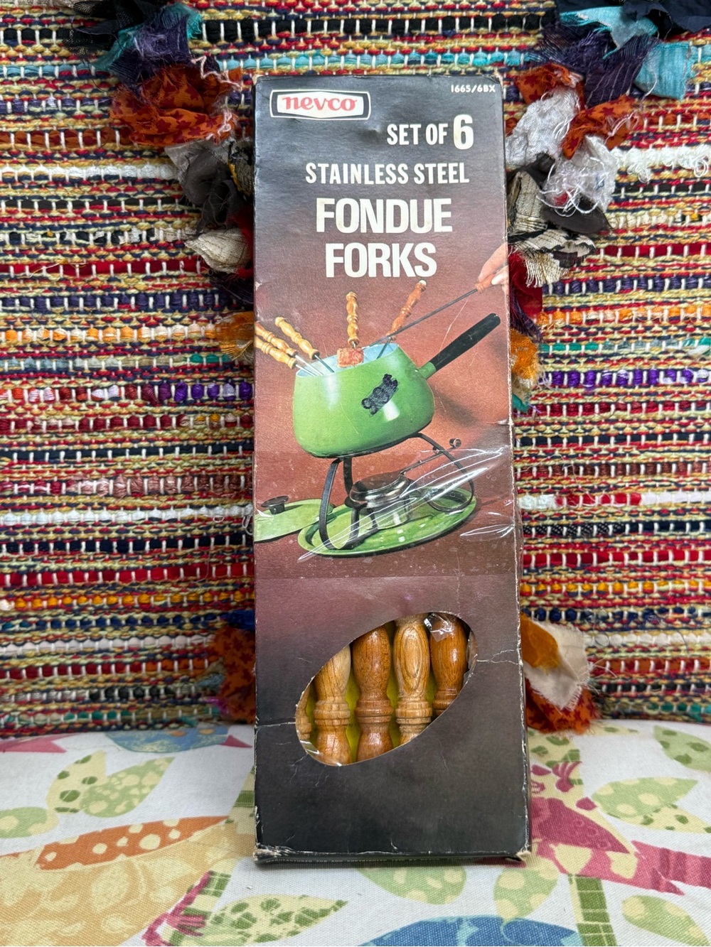 Vintage Nevco stainless steel fondue forks with wooden handles 70s Complete set